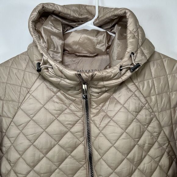 BCBG Maxazria Full Zip Quilted Puffer Jacket Womens Large Metallic Tan Hooded - Picture 2 of 16